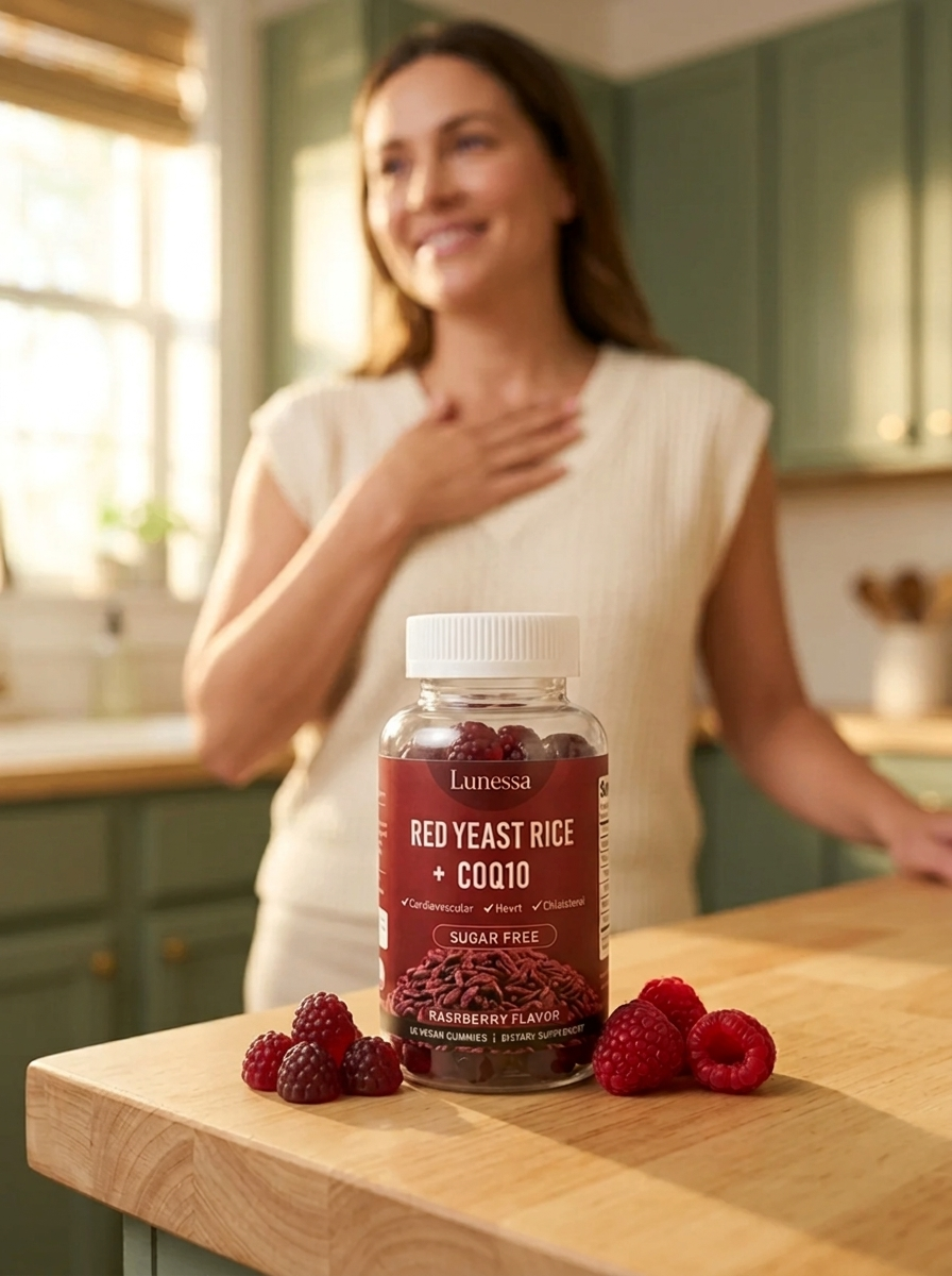 Woman with Lunessa Red Yeast Rice + CoQ10 gummies in her kitchen